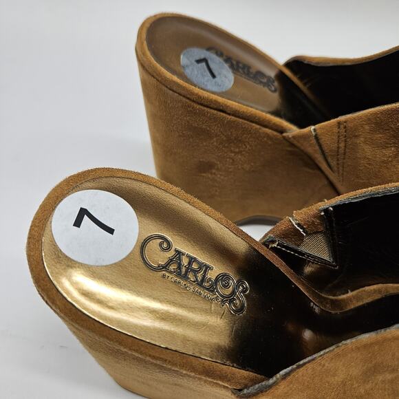 Carlos Santana Wedge 7M Slide Sandal Tan Brown Suede Boho Western 5"H NOS - Picture 4 of 6